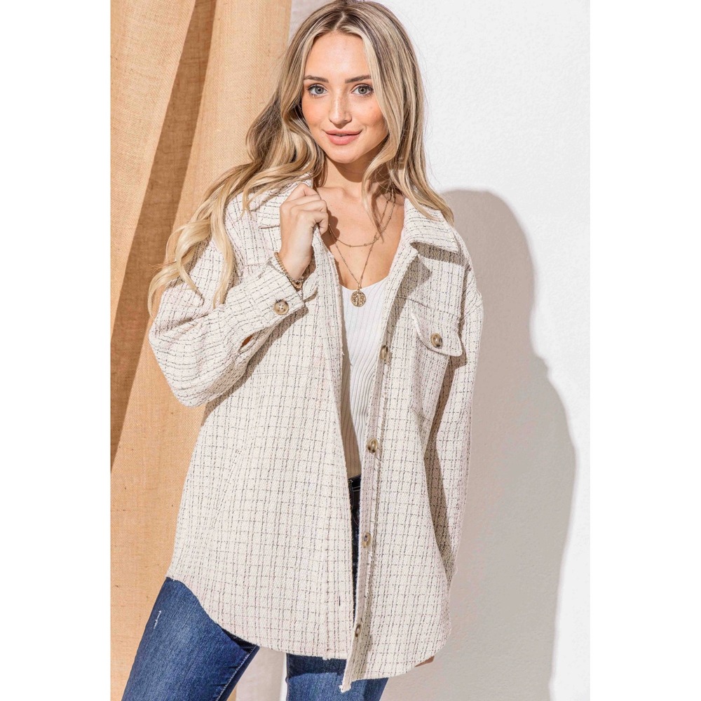 Andthewhy Cream Plaid Tweed Shacket Oversized Button Down Shirt Jacket Large NWT